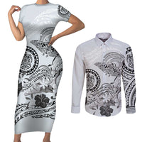 Polynesian Manta Ray Couples Matching Short Sleeve Bodycon Dress and Long Sleeve Button Shirt Gray Floral Turtle Tattoo LT9 Gray - Polynesian Pride