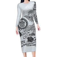 Polynesian Manta Ray Family Matching Long Sleeve Bodycon Dress and Hawaiian Shirt Gray Floral Turtle Tattoo LT9 Mom's Dress Gray - Polynesian Pride