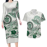 Polynesian Manta Ray Couples Matching Long Sleeve Bodycon Dress and Hawaiian Shirt Green Floral Turtle Tattoo LT9 Green - Polynesian Pride