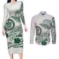 Polynesian Manta Ray Couples Matching Long Sleeve Bodycon Dress and Long Sleeve Button Shirt Green Floral Turtle Tattoo LT9 Green - Polynesian Pride
