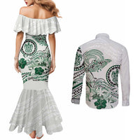 Polynesian Manta Ray Couples Matching Mermaid Dress and Long Sleeve Button Shirt Green Floral Turtle Tattoo LT9 - Polynesian Pride