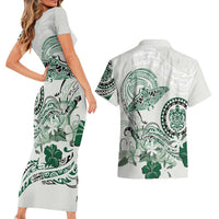 Polynesian Manta Ray Couples Matching Short Sleeve Bodycon Dress and Hawaiian Shirt Green Floral Turtle Tattoo LT9 - Polynesian Pride