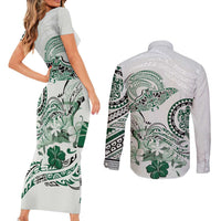 Polynesian Manta Ray Couples Matching Short Sleeve Bodycon Dress and Long Sleeve Button Shirt Green Floral Turtle Tattoo LT9 - Polynesian Pride