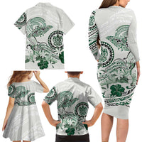 Polynesian Manta Ray Family Matching Long Sleeve Bodycon Dress and Hawaiian Shirt Green Floral Turtle Tattoo LT9 - Polynesian Pride