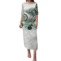 Polynesian Manta Ray Family Matching Puletasi and Hawaiian Shirt Green Floral Turtle Tattoo LT9 Mom's Dress Green - Polynesian Pride
