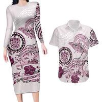 Polynesian Manta Ray Couples Matching Long Sleeve Bodycon Dress and Hawaiian Shirt Pink Floral Turtle Tattoo LT9 Pink - Polynesian Pride