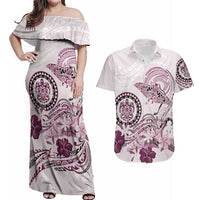 Polynesian Manta Ray Couples Matching Off Shoulder Maxi Dress and Hawaiian Shirt Pink Floral Turtle Tattoo LT9 Pink - Polynesian Pride
