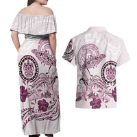 Polynesian Manta Ray Couples Matching Off Shoulder Maxi Dress and Hawaiian Shirt Pink Floral Turtle Tattoo LT9 - Polynesian Pride