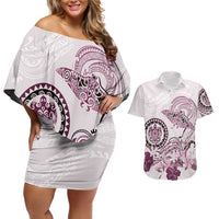 Polynesian Manta Ray Couples Matching Off Shoulder Short Dress and Hawaiian Shirt Pink Floral Turtle Tattoo LT9 Pink - Polynesian Pride