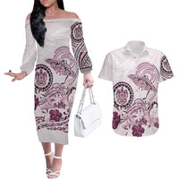 Polynesian Manta Ray Couples Matching Off The Shoulder Long Sleeve Dress and Hawaiian Shirt Pink Floral Turtle Tattoo LT9 Pink - Polynesian Pride