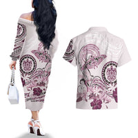 Polynesian Manta Ray Couples Matching Off The Shoulder Long Sleeve Dress and Hawaiian Shirt Pink Floral Turtle Tattoo LT9 - Polynesian Pride