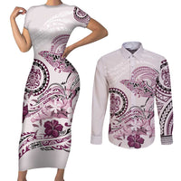 Polynesian Manta Ray Couples Matching Short Sleeve Bodycon Dress and Long Sleeve Button Shirt Pink Floral Turtle Tattoo LT9 Pink - Polynesian Pride