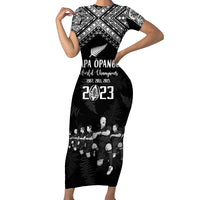 NZ Rugby Short Sleeve Bodycon Dress Kapa Opango Maori Haka With Years of The All Black Champions LT9 Long Dress Black - Polynesian Pride