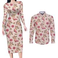 Beige Paniolo Palaka Hawaiian Cowgirl Christmas Couples Matching Long Sleeve Bodycon Dress and Long Sleeve Button Shirt LT9 Beige - Polynesian Pride
