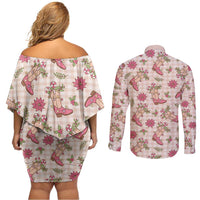 Beige Paniolo Palaka Hawaiian Cowgirl Christmas Couples Matching Off Shoulder Short Dress and Long Sleeve Button Shirt LT9 - Polynesian Pride