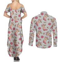 Gray Paniolo Palaka Hawaiian Cowgirl Christmas Couples Matching Summer Maxi Dress and Long Sleeve Button Shirt LT9 - Polynesian Pride