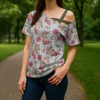 Gray Paniolo Palaka Hawaiian Cowgirl Christmas Cross Shoulder Shirt LT9 - Polynesian Pride