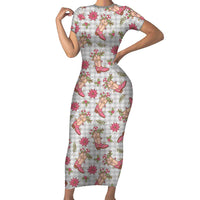 Gray Paniolo Palaka Hawaiian Cowgirl Christmas Short Sleeve Bodycon Dress LT9 Long Dress Gray - Polynesian Pride