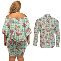 Green Paniolo Palaka Hawaiian Cowgirl Christmas Couples Matching Off Shoulder Short Dress and Long Sleeve Button Shirt LT9 - Polynesian Pride