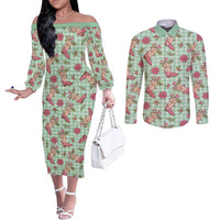 Green Paniolo Palaka Hawaiian Cowgirl Christmas Couples Matching Off The Shoulder Long Sleeve Dress and Long Sleeve Button Shirt LT9 Green - Polynesian Pride