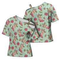 Green Paniolo Palaka Hawaiian Cowgirl Christmas Cross Shoulder Shirt LT9 - Polynesian Pride
