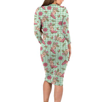 Green Paniolo Palaka Hawaiian Cowgirl Christmas Long Sleeve Bodycon Dress LT9 - Polynesian Pride
