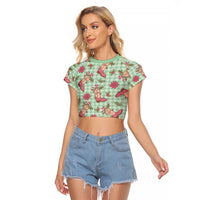 Green Paniolo Palaka Hawaiian Cowgirl Christmas Raglan Cropped T Shirt LT9 Female Green - Polynesian Pride