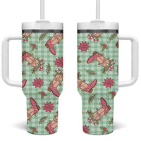 Green Paniolo Palaka Hawaiian Cowgirl Christmas Tumbler With Handle - Polynesian Pride