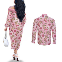 Pink Paniolo Palaka Hawaiian Cowgirl Christmas Couples Matching Off The Shoulder Long Sleeve Dress and Long Sleeve Button Shirt LT9 - Polynesian Pride