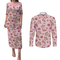 Pink Paniolo Palaka Hawaiian Cowgirl Christmas Couples Matching Puletasi and Long Sleeve Button Shirt LT9 Pink - Polynesian Pride