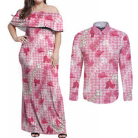 Paniolo Palaka Hawaiian Cowgirl Couples Matching Off Shoulder Maxi Dress and Long Sleeve Button Shirt LT9 Pink - Polynesian Pride