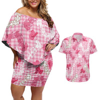 Paniolo Palaka Hawaiian Cowgirl Couples Matching Off Shoulder Short Dress and Hawaiian Shirt LT9 Pink - Polynesian Pride