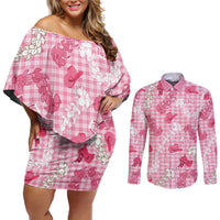 Paniolo Palaka Hawaiian Cowgirl Couples Matching Off Shoulder Short Dress and Long Sleeve Button Shirt LT9 Pink - Polynesian Pride