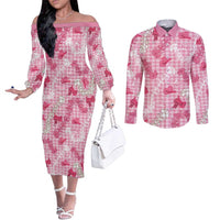 Paniolo Palaka Hawaiian Cowgirl Couples Matching Off The Shoulder Long Sleeve Dress and Long Sleeve Button Shirt LT9 Pink - Polynesian Pride