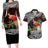 Papua New Guinea Christmas Couples Matching Long Sleeve Bodycon Dress and Hawaiian Shirt LT9 Black - Polynesian Pride