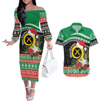 Vanuatu Pig's Tusk Meri Krismas! Couples Matching Off The Shoulder Long Sleeve Dress and Hawaiian Shirt Vanuatuan Sand Drawing Pattern LT9 Green - Polynesian Pride