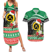 Vanuatu Pig's Tusk Meri Krismas! Couples Matching Summer Maxi Dress and Hawaiian Shirt Vanuatuan Sand Drawing Pattern LT9 Green - Polynesian Pride