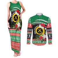 Vanuatu Pig's Tusk Meri Krismas! Couples Matching Tank Maxi Dress and Long Sleeve Button Shirt Vanuatuan Sand Drawing Pattern LT9 Green - Polynesian Pride