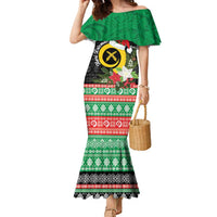 Vanuatu Pig's Tusk Meri Krismas! Family Matching Mermaid Dress and Hawaiian Shirt Vanuatuan Sand Drawing Pattern LT9 Mom's Dress Green - Polynesian Pride
