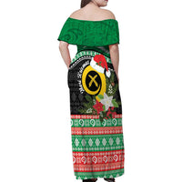 Vanuatu Pig's Tusk Meri Krismas! Family Matching Off Shoulder Maxi Dress and Hawaiian Shirt Vanuatuan Sand Drawing Pattern LT9 - Polynesian Pride