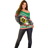 Vanuatu Pig's Tusk Meri Krismas! Off Shoulder Sweater Vanuatuan Sand Drawing Pattern LT9 - Polynesian Pride