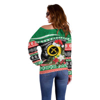 Vanuatu Pig's Tusk Meri Krismas! Off Shoulder Sweater Vanuatuan Sand Drawing Pattern LT9 - Polynesian Pride