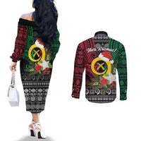 Vanuatu Pig's Tusk Meri Krismas! Couples Matching Off The Shoulder Long Sleeve Dress and Long Sleeve Button Shirt Vanuatuan Ancient Art Spirit LT9 - Polynesian Pride