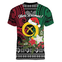 Vanuatu Pig's Tusk Meri Krismas! Women V-Neck T-Shirt Vanuatuan Ancient Art Spirit LT9 - Polynesian Pride