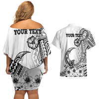 Ia Orana Tahiti Personalised Couples Matching Off Shoulder Short Dress and Hawaiian Shirt French Polynesia Hook Tattoo Special White Color LT9 - Polynesian Pride