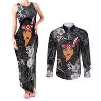 New Zealand Custom Women's Day Couples Matching Tank Maxi Dress and Long Sleeve Button Shirt Maori Girl Feathers of Hope - Black LT9 Black - Polynesian Pride