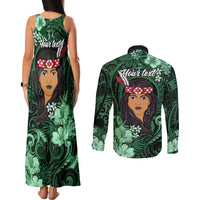 New Zealand Custom Women's Day Couples Matching Tank Maxi Dress and Long Sleeve Button Shirt Maori Girl Feathers of Hope - Green LT9 - Polynesian Pride