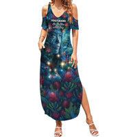 New Zealand Matariki Pohutukawa Family Matching Summer Maxi Dress and Hawaiian Shirt Te Mauri te Ora LT9 Mom's Dress Art - Polynesian Pride