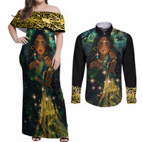 New Zealand Matariki Couples Matching Off Shoulder Maxi Dress and Long Sleeve Button Shirt Rongo Mori Wellbeing and Good Luck LT9 Art - Polynesian Pride