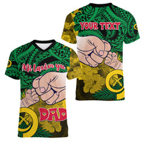 Personalised Dads Day Vanuatu Women V Neck T Shirt Dad Mi lavem yu - Polynesian Flowers Tribal LT9 - Polynesian Pride